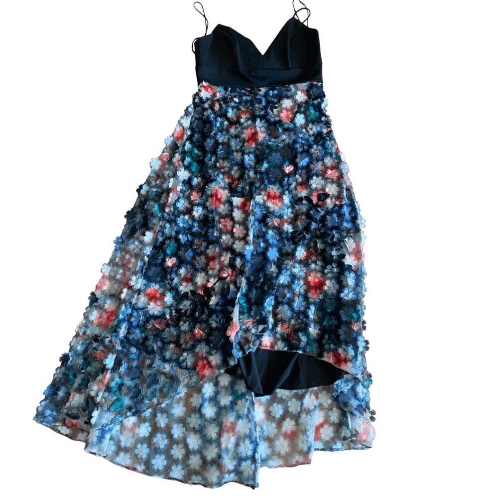 NWT Badgley Mishka Womens Black Multi 3d Floral Embellished A-line Maxi Dress 12